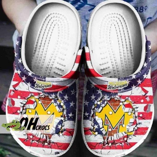 Awesome Michigan Wolverines Crocs American Flag Breaking Wall