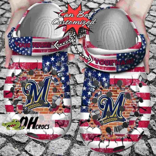 Milwaukee Brewers Crocs American Flag Breaking Wall Clog Shoes Gift