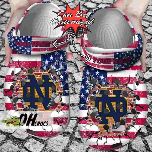 Notre Dame Fighting Irish Crocs American Flag Breaking Wall Clog Shoes Gift
