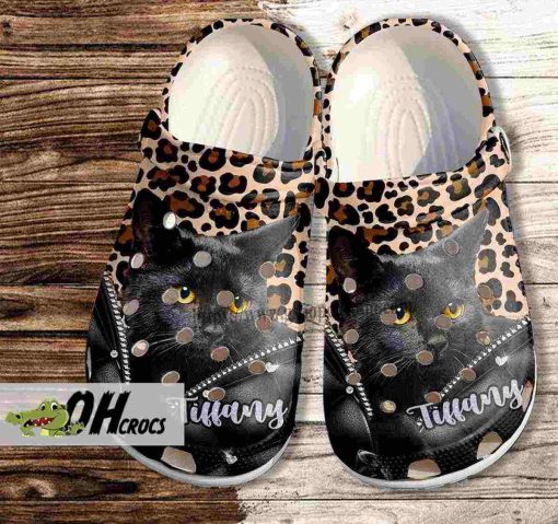 Custom Black Cat Leopard Print Crocs Clogs