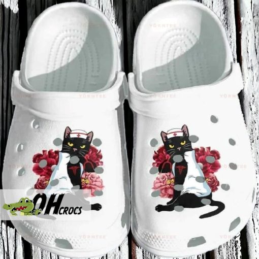Black Cat Nurse Lover Flower Tattoo Crocs Shoes Gift