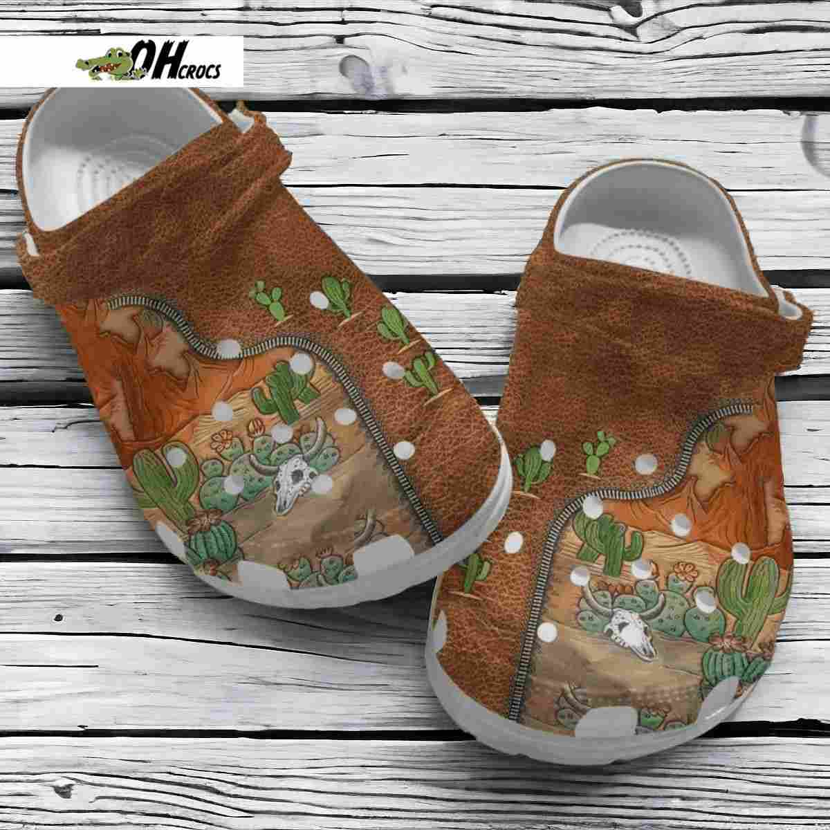 Cactus Skull With Zipper Leather Patternss For Cactus Lovers Crocs Clog Shoes Gift