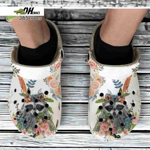 Floral Racoon Slippers Racoon Flowers Printed Animal Lovers Gift Crocs Clog Shoes Gift