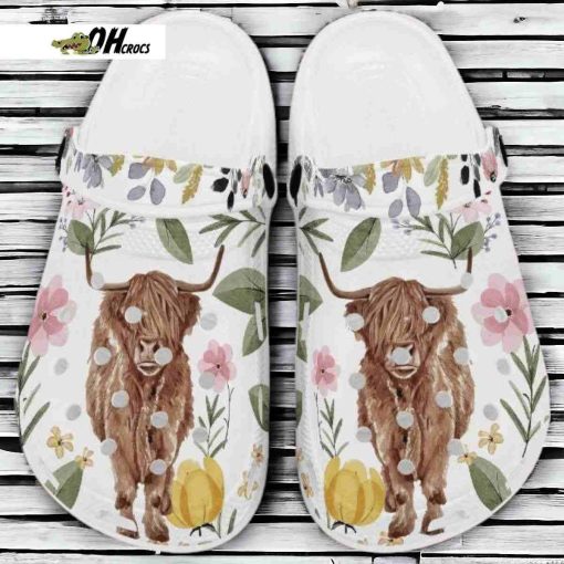 Highland Cow Floral Crocs Shoes Classic Clogs Shoes, Gift Birthday Gift