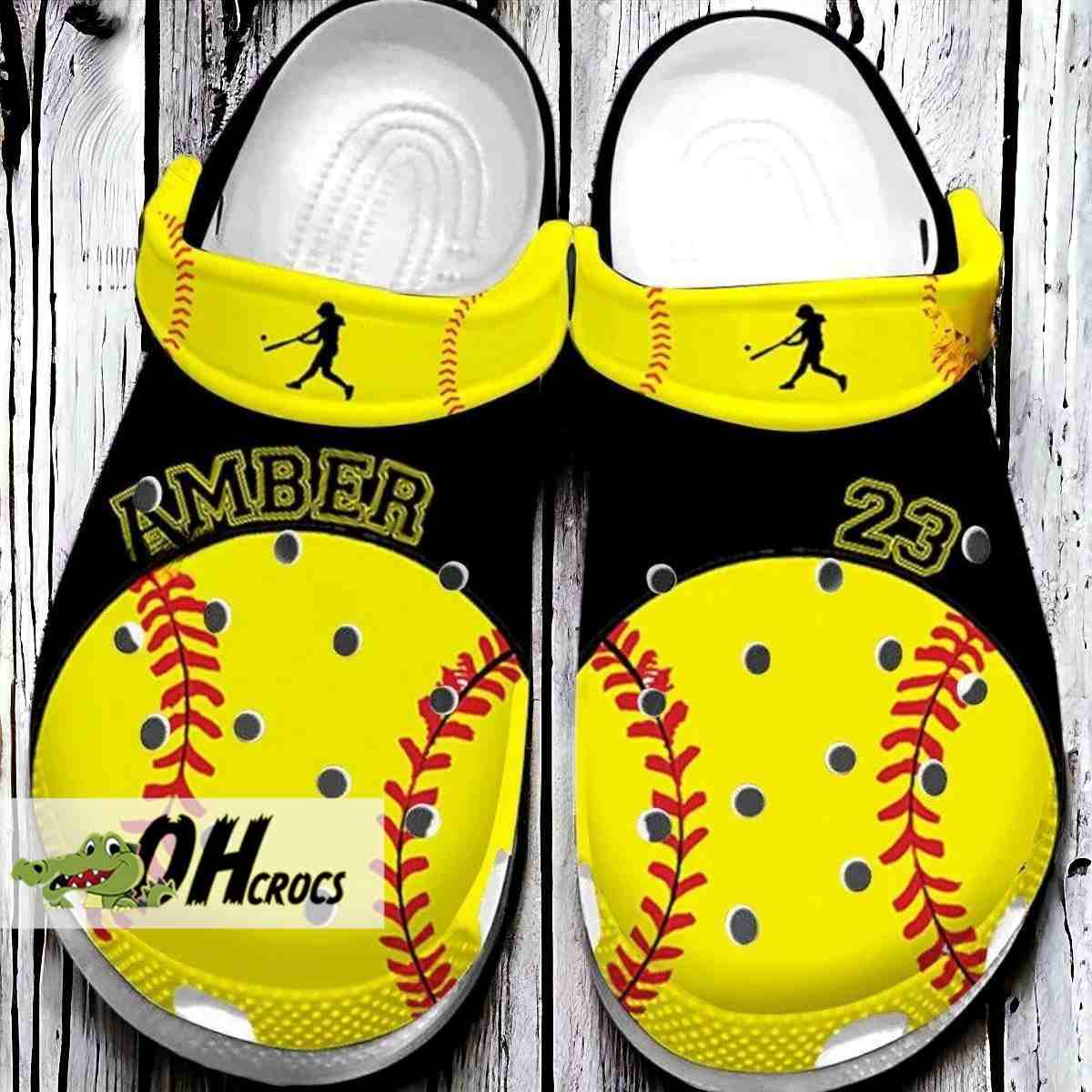 Personalized Name And Number Softball Player Black Yellow Crocs Shoes Gift