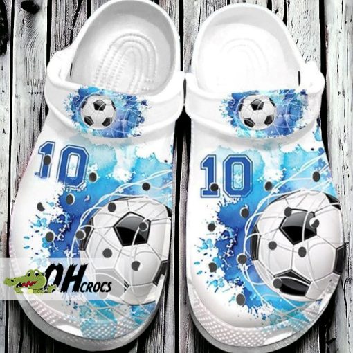 Personalized Number Soccer Goal Blue White Watercolor Crocs Shoes Gift