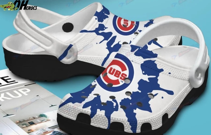 A close-up of Chicago Cubs Crocs with the team logo visible